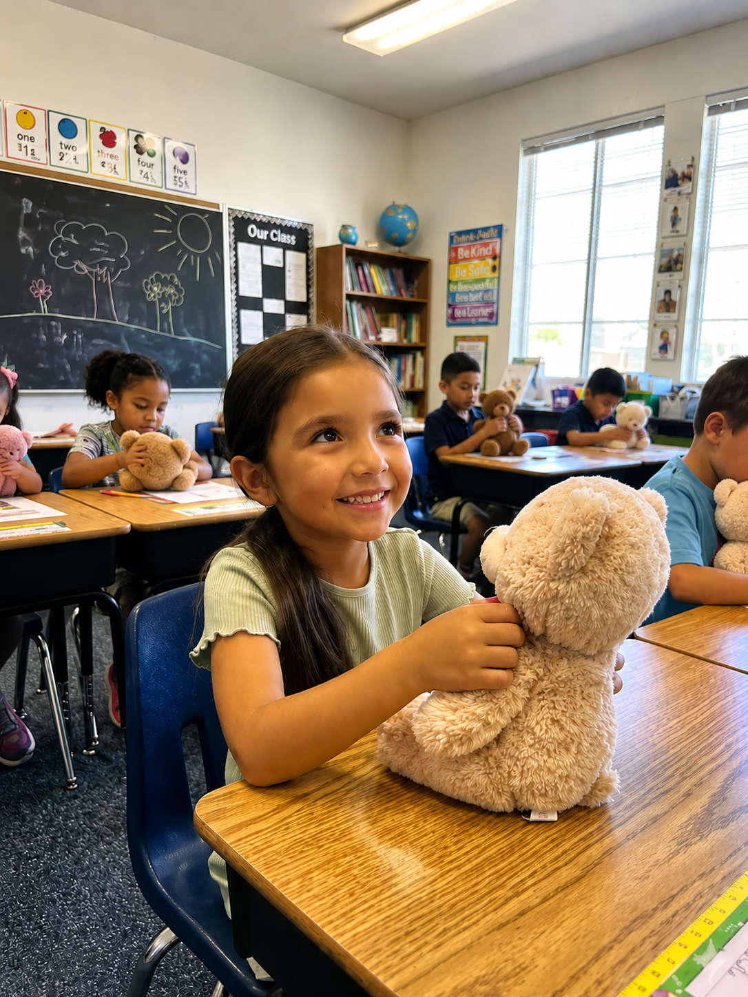Students in a classroom holding their handmade teddy bears
