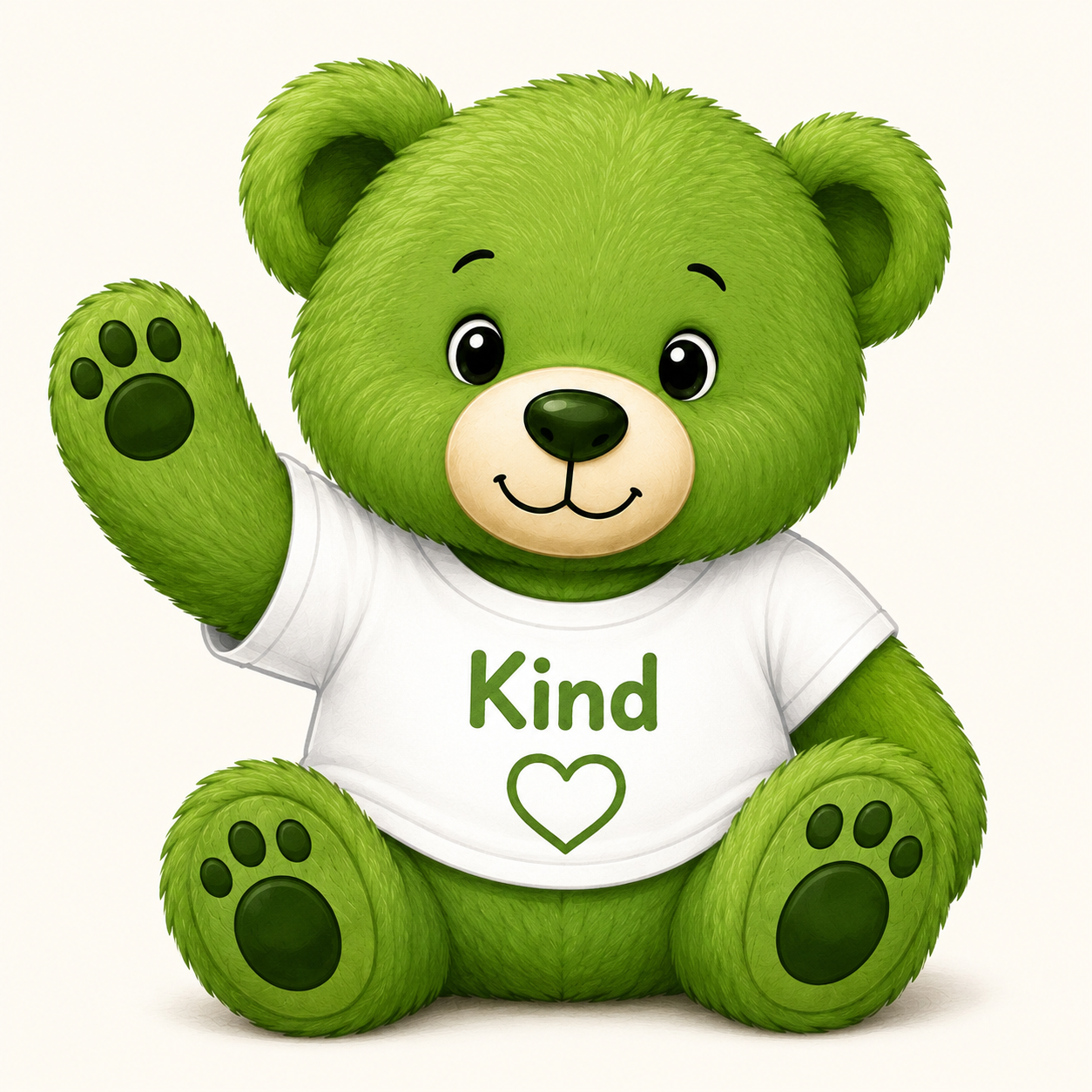Kind Bear, a green teddy bear wearing a white shirt that says Kind