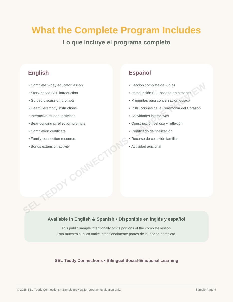 SEL Teddy Connections bilingual curriculum sample, page 4 of 4