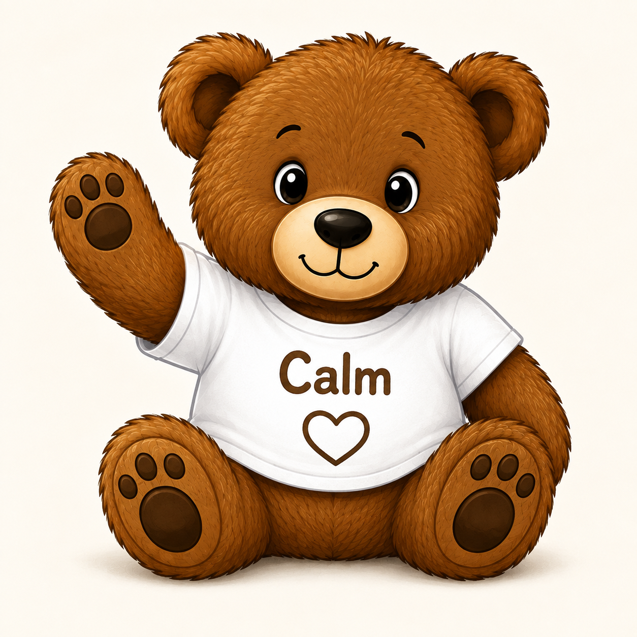 Calm Bear, a brown teddy bear wearing a white shirt that says Calm