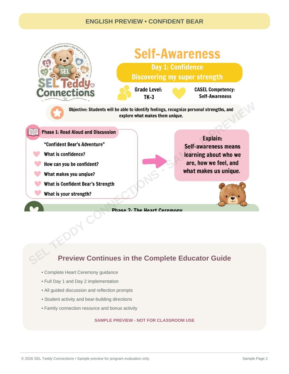 SEL Teddy Connections bilingual curriculum sample, page 2 of 4