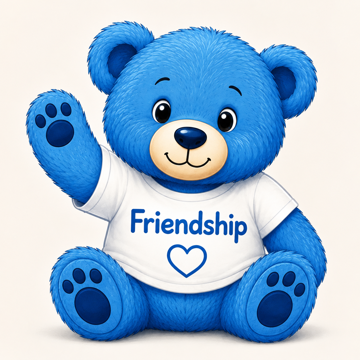 Friendship Bear, a blue teddy bear wearing a white shirt that says Friendship