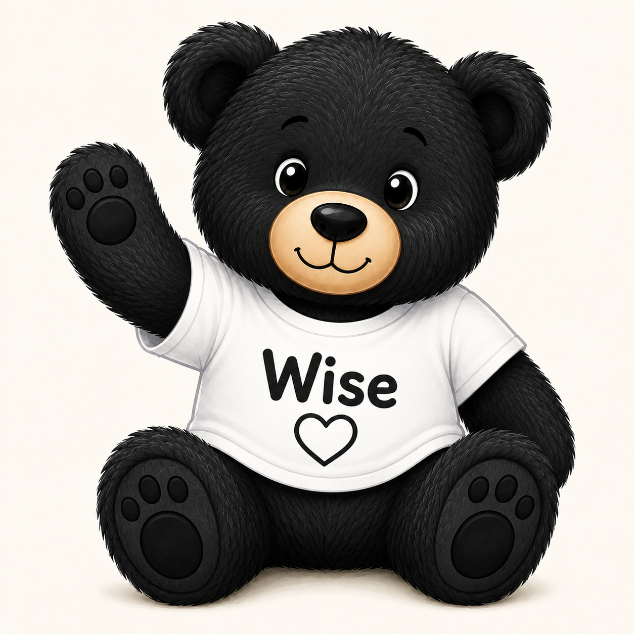 Wise Bear, a black teddy bear wearing a white shirt that says Wise