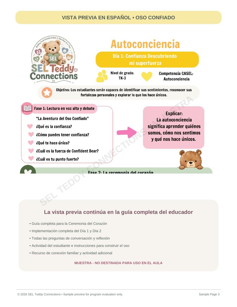 SEL Teddy Connections bilingual curriculum sample, page 3 of 4