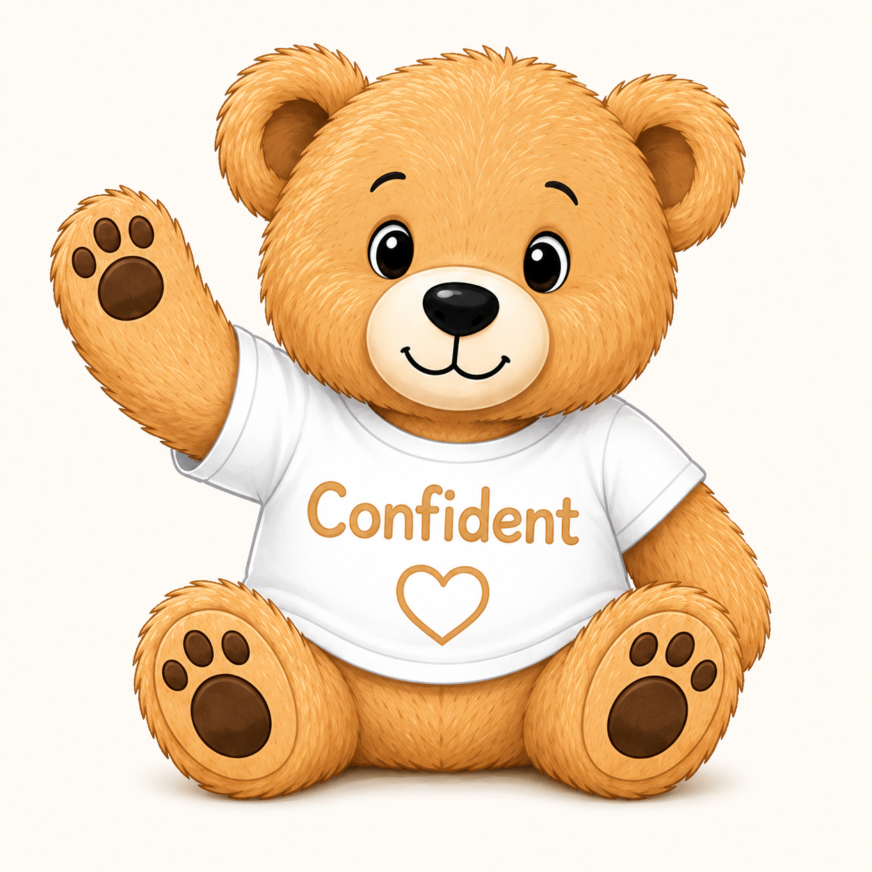 Confident Bear, a golden tan teddy bear wearing a white shirt that says Confident